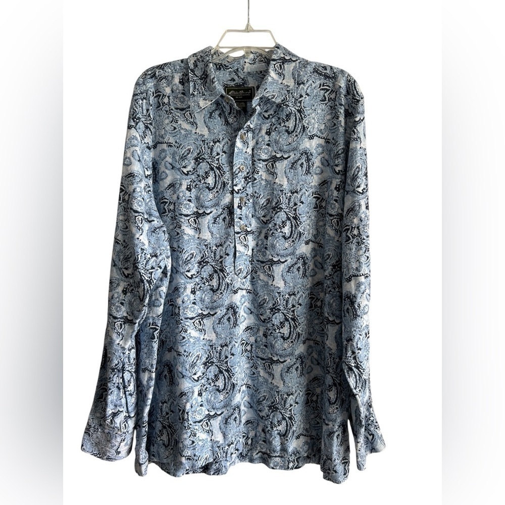 Eddie Bauer 70’s/y2k men’s cotton linen blend blue Paisley half button Size LT‍